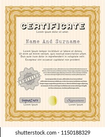 Orange Certificate of achievement. Money design. Detailed. With great quality guilloche pattern. 