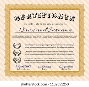 Orange Certificate of achievement. Money Pattern design. Easy to print. Customizable, Easy to edit and change colors. 