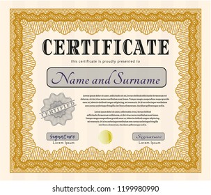 Orange Certificate of achievement. Money Pattern design. Detailed. With complex background. 