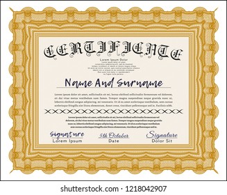 Orange Certificate of achievement. Money Pattern design. Vector illustration. With great quality guilloche pattern. 