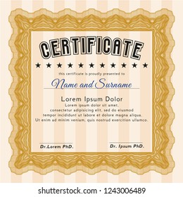 Orange Certificate of achievement. Money Pattern. With guilloche pattern and background. Vector illustration. 