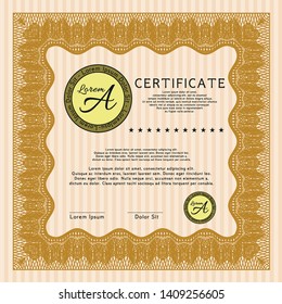 Orange Certificate of achievement. Money style design. With guilloche pattern. Customizable, Easy to edit and change colors. 
