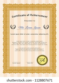 Orange Certificate of achievement. Nice design. Detailed. With guilloche pattern. 