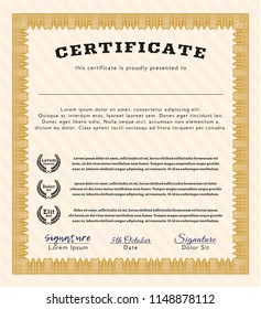 Orange Certificate of achievement. Nice design. Vector illustration. Printer friendly. 