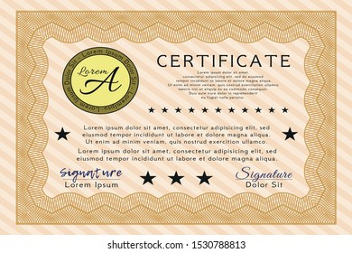 Orange Certificate of achievement. Nice design. With guilloche pattern. Customizable, Easy to edit and change colors. 