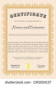 Orange Certificate of achievement. Printer friendly. Artistry design. Detailed. 