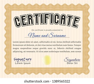 Orange Certificate of achievement. With quality background. Vector illustration. Money Pattern design. 