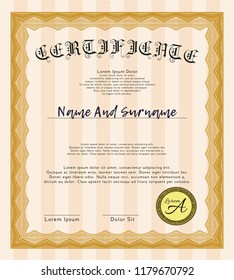 Orange Certificate of achievement. Retro design. Detailed. With great quality guilloche pattern. 