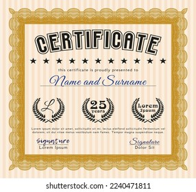 Orange Certificate of achievement.  Sophisticated design.  Printer friendly.  Vector illustration. 