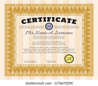 Orange Certificate of achievement. Superior design. Vector illustration. With great quality guilloche pattern. 