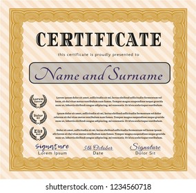 Orange Certificate of achievement. Superior design. Detailed. With guilloche pattern and background. 