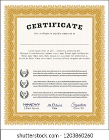 Orange Certificate of achievement template. With background. Detailed. Money style design. 