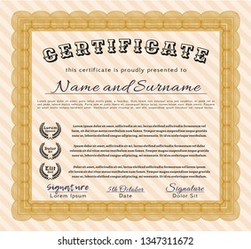 Orange Certificate of achievement template. With background. Customizable, Easy to edit and change colors. Money Pattern design. 