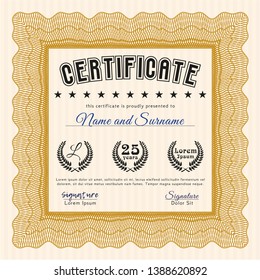 Orange Certificate of achievement template. With background. Detailed. Retro design. 