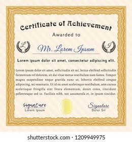 Orange Certificate of achievement template. With complex background. Good design. Detailed. 