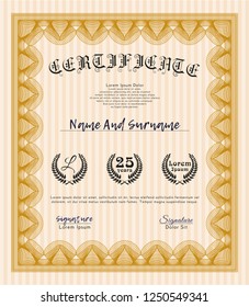 Orange Certificate of achievement template. With complex linear background. Artistry design. Customizable, Easy to edit and change colors. 