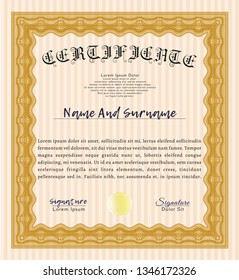 Orange Certificate of achievement template. Complex background. Detailed. Good design. 