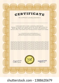 Orange Certificate of achievement template. With complex background. Customizable, Easy to edit and change colors. Money Pattern. 