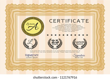 Orange Certificate of achievement template. Cordial design. Easy to print. Detailed. 
