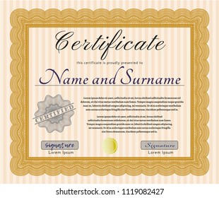 Orange Certificate of achievement template. Customizable, Easy to edit and change colors. With guilloche pattern. Money Pattern design. 
