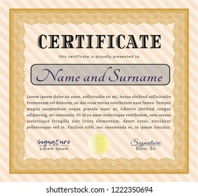 Orange Certificate of achievement template. Customizable, Easy to edit and change colors. With guilloche pattern. Money design. 