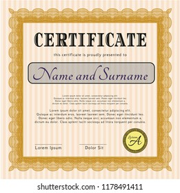 Orange Certificate of achievement template. Detailed. Printer friendly. Money Pattern design. 