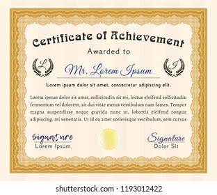 Orange Certificate of achievement template. Detailed. With guilloche pattern. Modern design. 