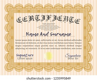 Orange Certificate of achievement template. Detailed. Easy to print. Money design. 