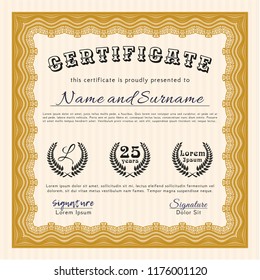 Orange Certificate of achievement template. Easy to print. Vector illustration. Money Pattern. 