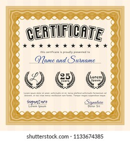 Orange Certificate of achievement template. Elegant design. With background. Vector illustration. 