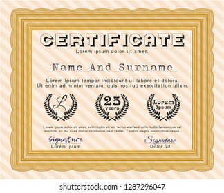 Orange Certificate of achievement template. Elegant design. Vector illustration. With guilloche pattern and background. 
