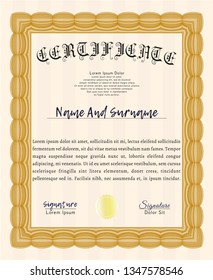 Orange Certificate of achievement template. Elegant design. With guilloche pattern and background. Vector illustration. 