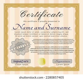 Orange Certificate of achievement template.  Elegant design.  With guilloche pattern and background.  Detailed. 