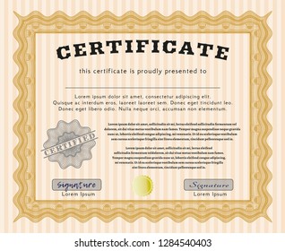 Orange Certificate of achievement template. Excellent design. With guilloche pattern. Detailed. 