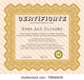 Orange Certificate of achievement template. Good design. Vector illustration. With complex linear background. 