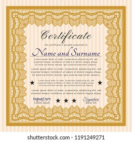 Orange Certificate of achievement template. With great quality guilloche pattern. Retro design. Vector illustration. 