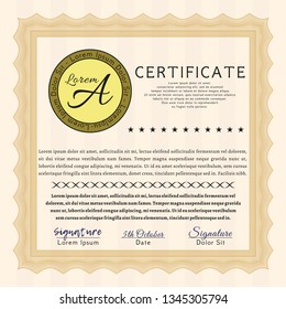 Orange Certificate of achievement template. With great quality guilloche pattern. Nice design. Detailed. 