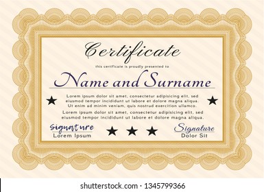 Orange Certificate of achievement template. With great quality guilloche pattern. Detailed. Money Pattern. 