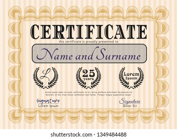 Orange Certificate of achievement template. With great quality guilloche pattern. Vector illustration. Good design. 