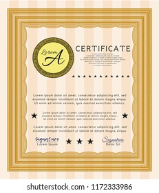 Orange Certificate of achievement template. With guilloche pattern and background. Perfect design. Vector illustration. 