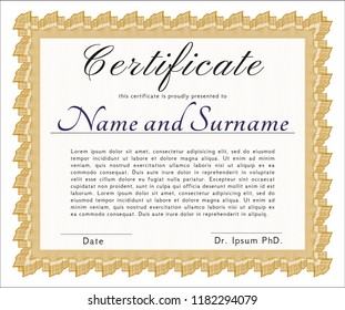 Orange Certificate of achievement template. With guilloche pattern. Vector illustration. Modern design. 