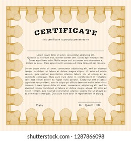 Orange Certificate of achievement template. With guilloche pattern and background. Elegant design. Detailed. 