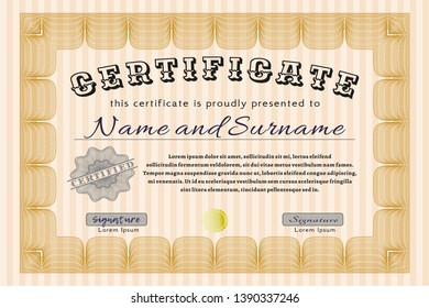 Orange Certificate of achievement template. With guilloche pattern. Money design. Detailed. 