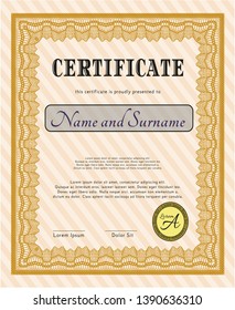 Orange Certificate of achievement template. With guilloche pattern and background. Money Pattern. Detailed. 
