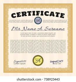 Orange Certificate of achievement template. With guilloche pattern. Superior design. Vector illustration. 