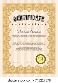 Orange Certificate of achievement template. With guilloche pattern. Vector illustration. Nice design. 