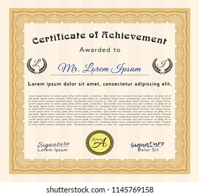 Orange Certificate of achievement template. With linear background. Retro design. Vector illustration. 