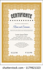Orange Certificate of achievement template. With linear background. Detailed. Retro design. 