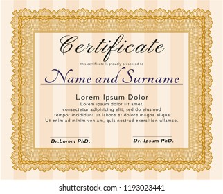 Orange Certificate of achievement template. With linear background. Detailed. Artistry design. 