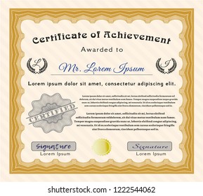 Orange Certificate of achievement template. With linear background. Sophisticated design. Vector illustration. 